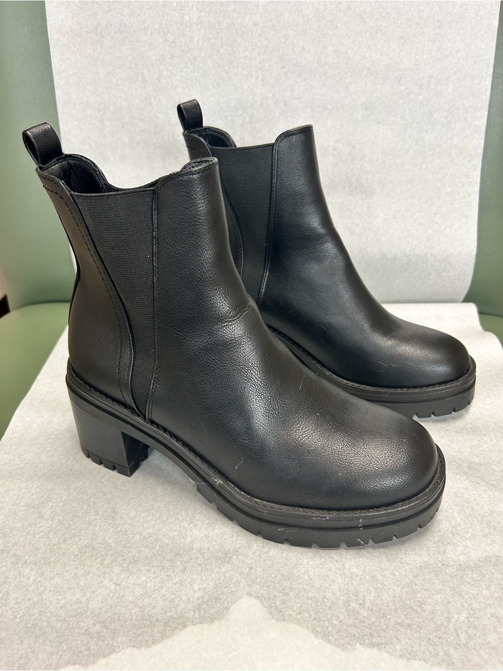 MIA Black Leather Lug Heel Chelsea Booties